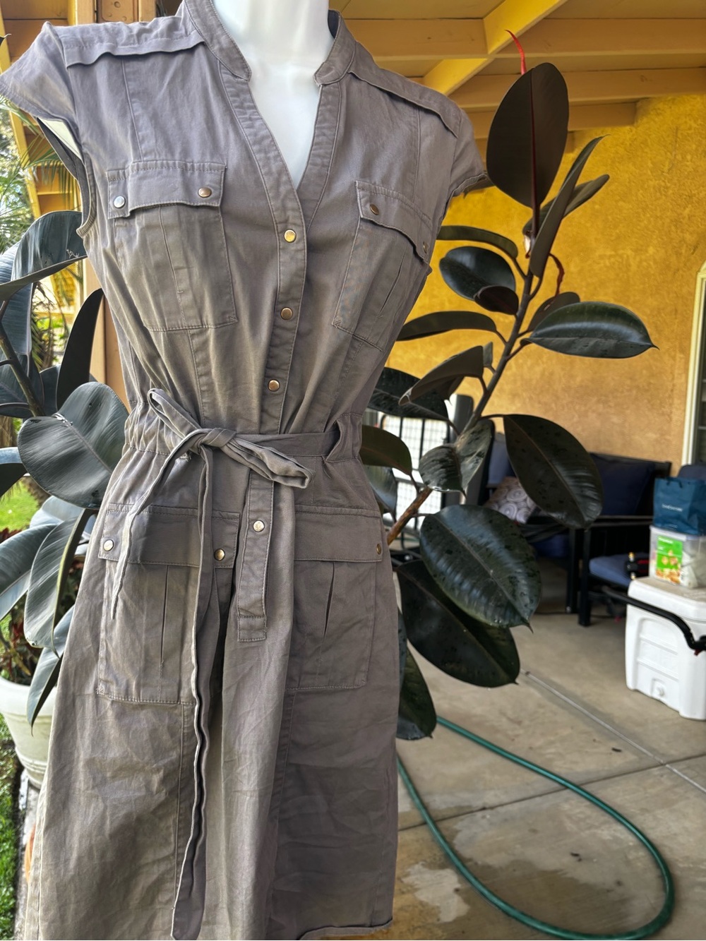 H&M Khaki Gray Utility Shirt Dress with Tie Belt